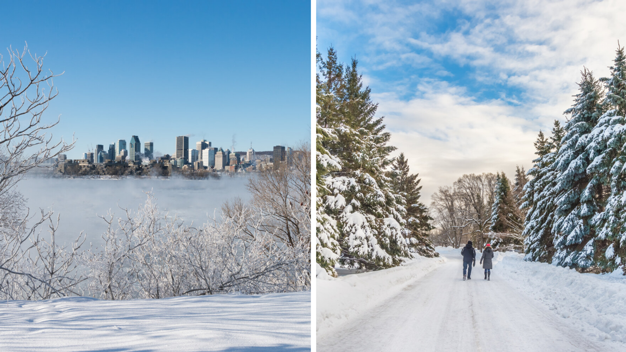 Montreal Skyline and St. Lawrence River in winter. Right: Winter snowy landscape in Montreal's Botanical Garden.