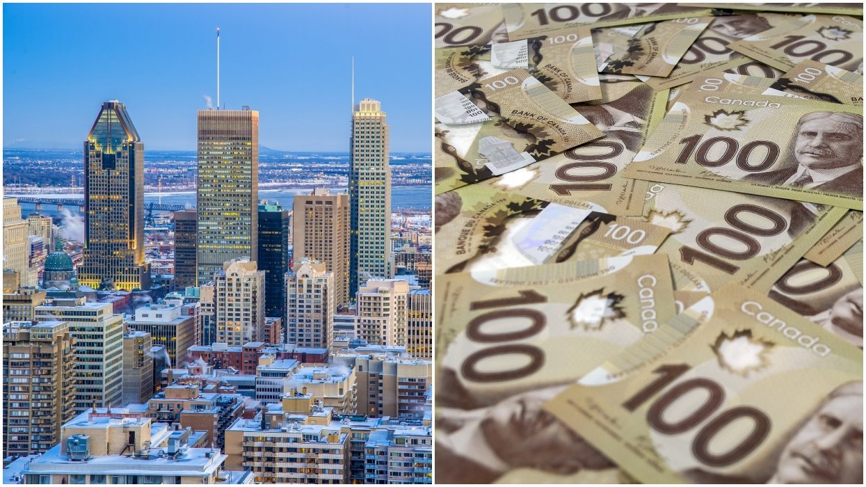 Montreal skyline. Right: Pile of Canadian money.
