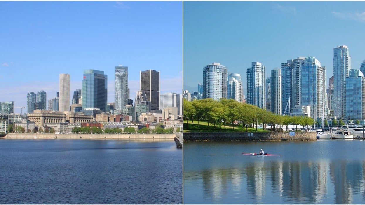 Montreal skyline. Right: Vancouver skyline.