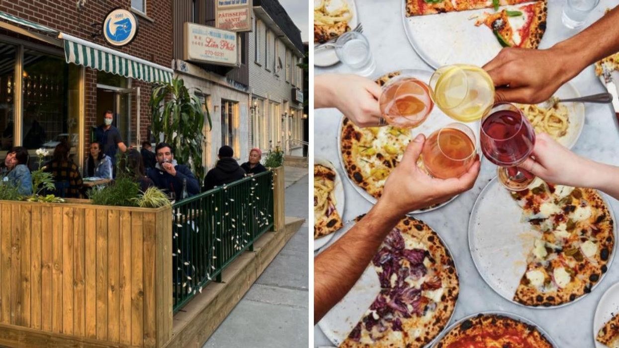 Montreal terrasse. Right: People doing a cheers with wine over pizzas.