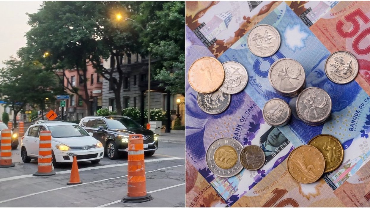 Montreal traffic. Right: Canadian money.