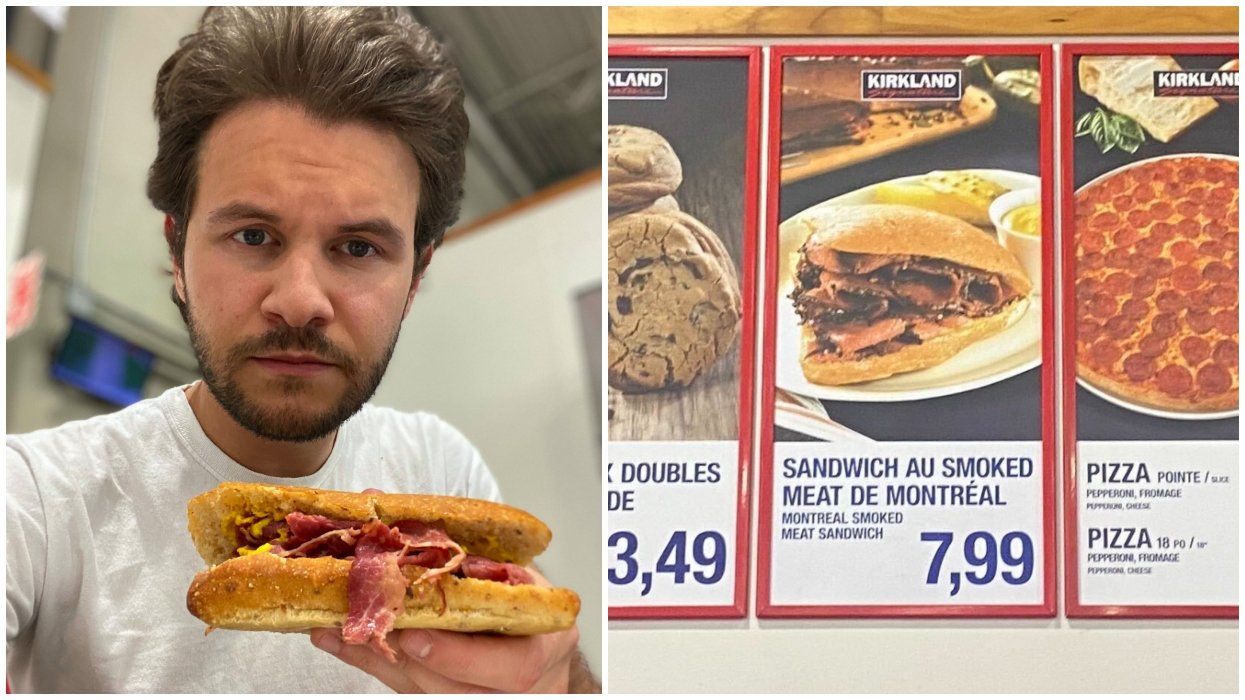 MTL Blog writer Al Sciola holding a sandwich. Right: The menu at the Costco food court.