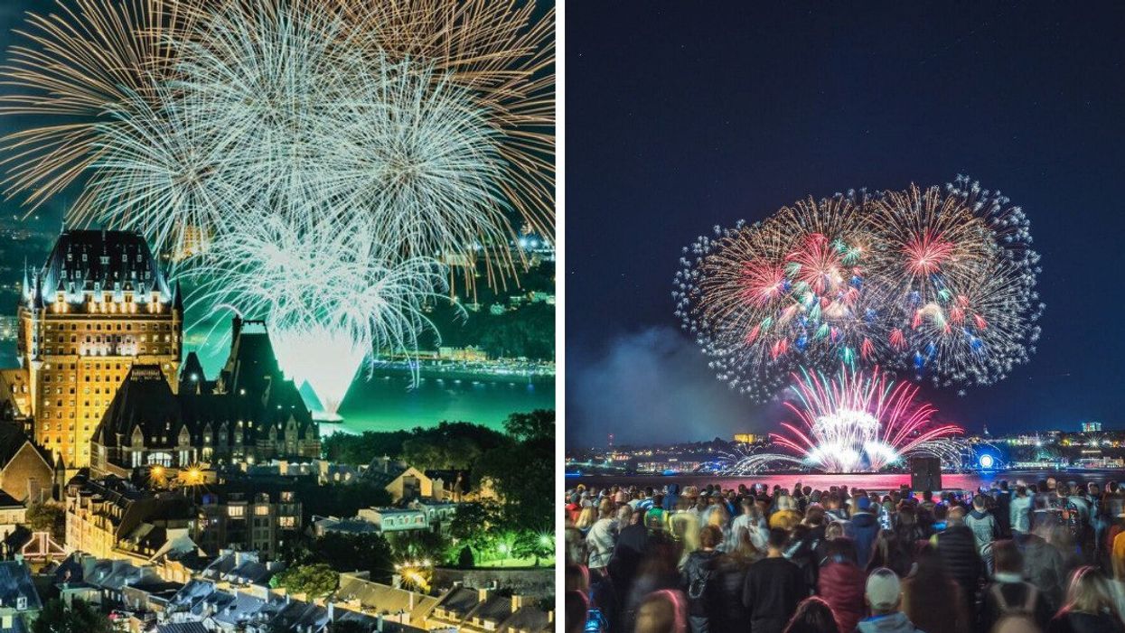 Multi-coloured fireworks detonate over Québec City and Lévis during the Grands Feux Loto-Québec.