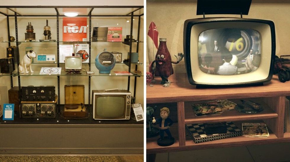 Museum shelves with retro radios and a television, among other gear. Right: A Fallout TV on a unit with Nuka-Cola and Vault Boy statuettes.