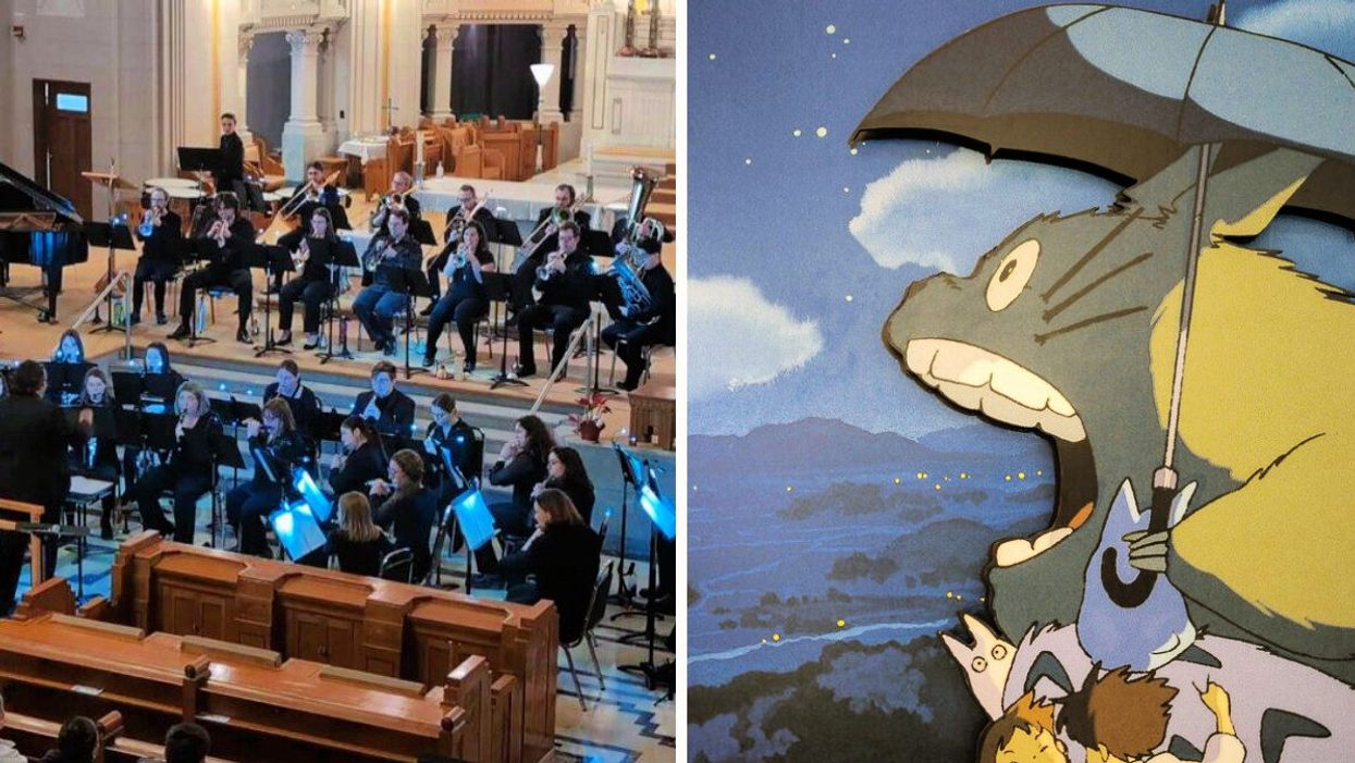 Musicians from the SVM perform. Right: Totoro and other characters from a Studio Ghibli film.