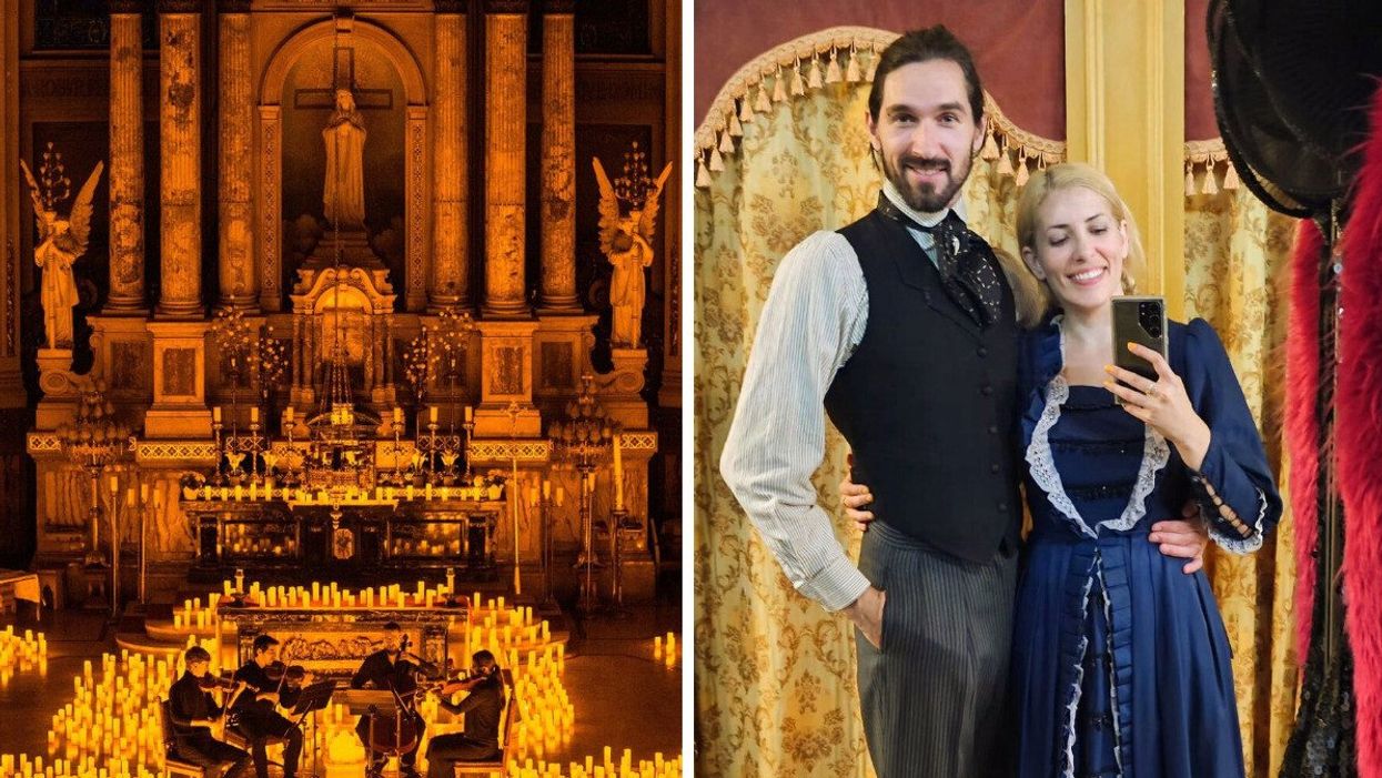 Musicians perform by candlelight in Montreal's Église Notre-Dame des Sept Douleurs. Right: Two people wearing period costumes and taking a photo in the mirror at Joseph Ponton in Hochelaga.