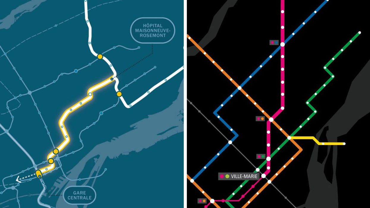 New proposed path for the REM de l'Est. Right: Mayor Valérie Plante's 2017 proposal for a pink metro line.