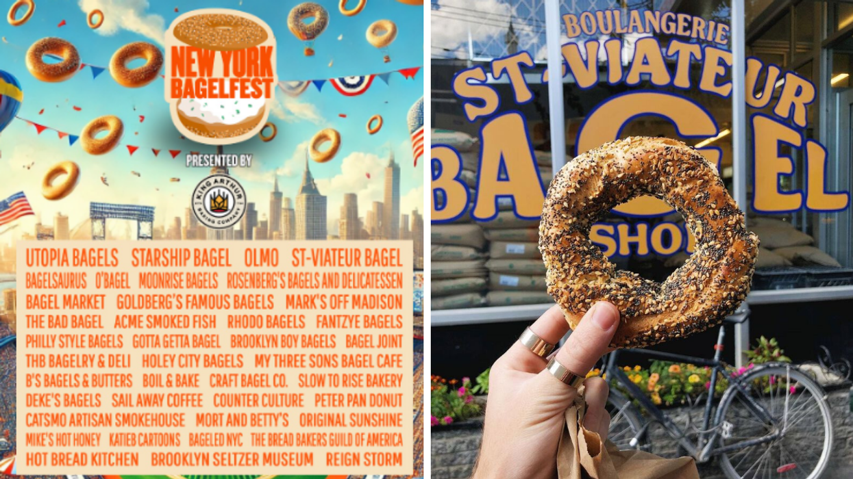 New York BagelFest poster with the lineup. Right: Someone holds a bagel in front of the St-Viateur storefront.