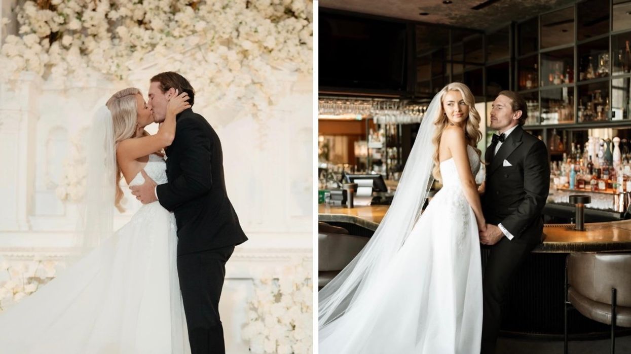 Newlyweds kissing at the altar. Right: Newlyweds sitting at a hotel bar posing for photos.