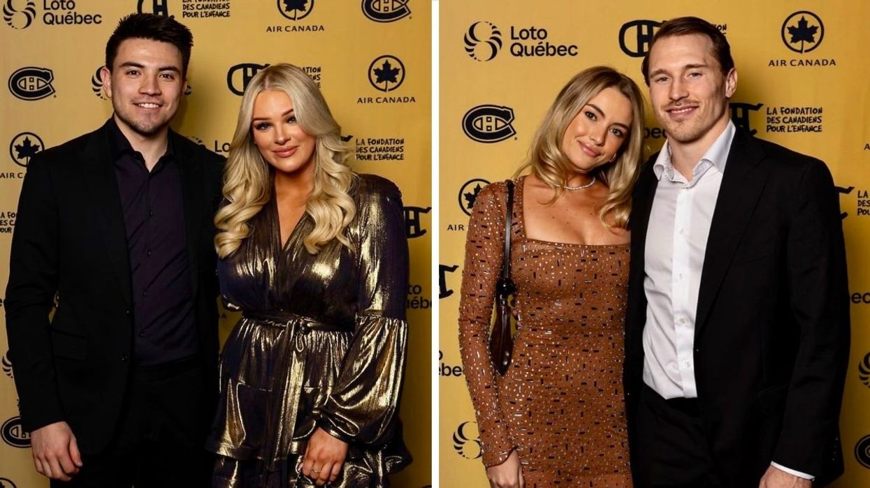 Nick Suzuki and his girlfriend Caitlin Fitzgerald posing on a red carpet. Right: Brendan Gallagher and his fiancé Emma Fortin posing on a red carpet.