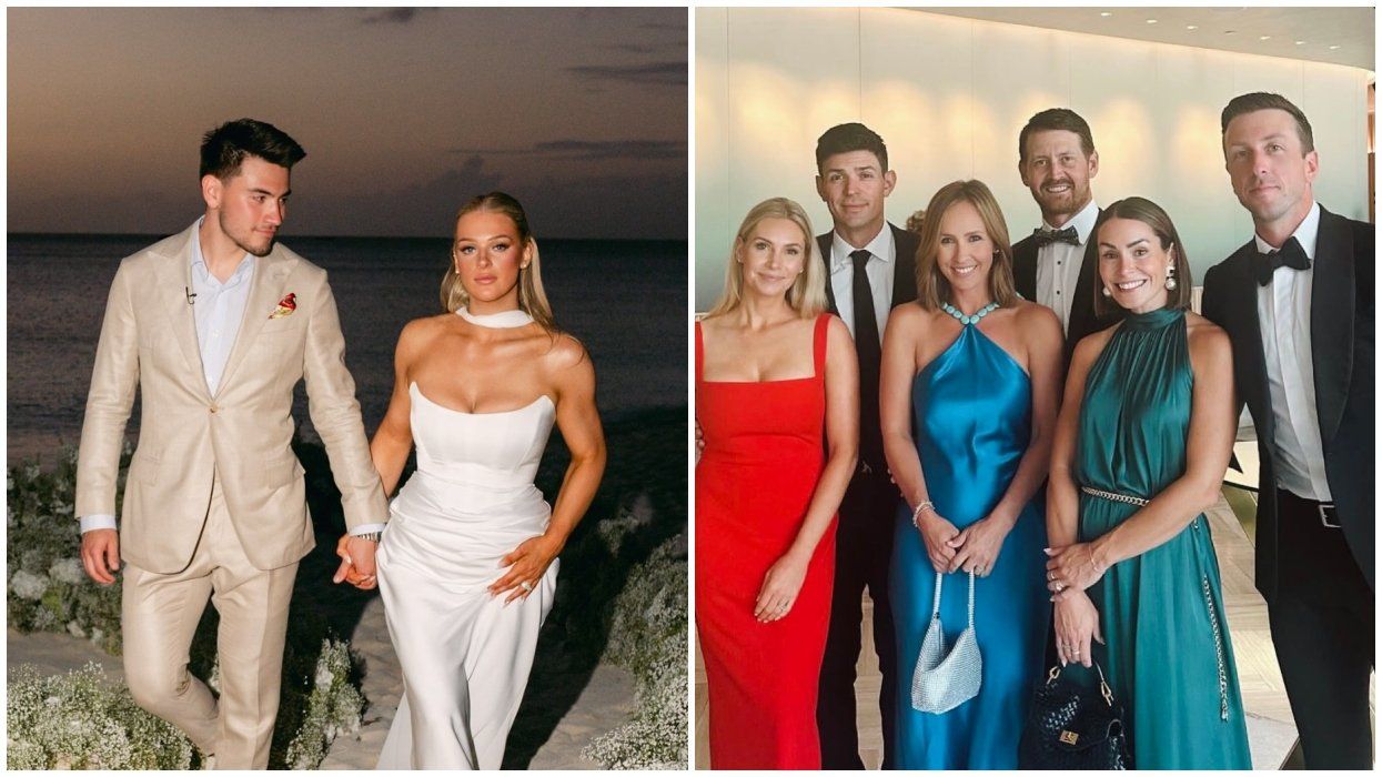 Nick Suzuki marrying Caitlin Fitzgerald. Right: Former Habs players at a wedding in Montreal.