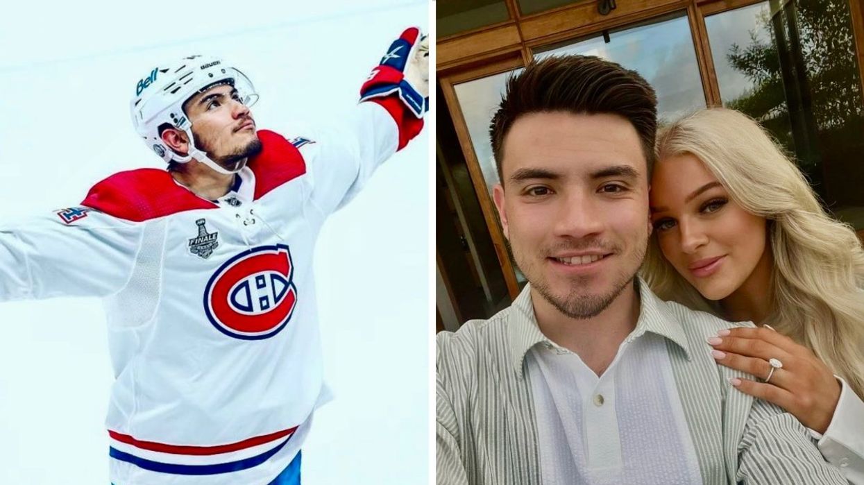 Nick Suzuki wearing an away jersey on-ice looking up at fans while posing for a photo. Right: Nick Suzuki and Caitlin Fitzgerald posing together after becoming an engaged couple.