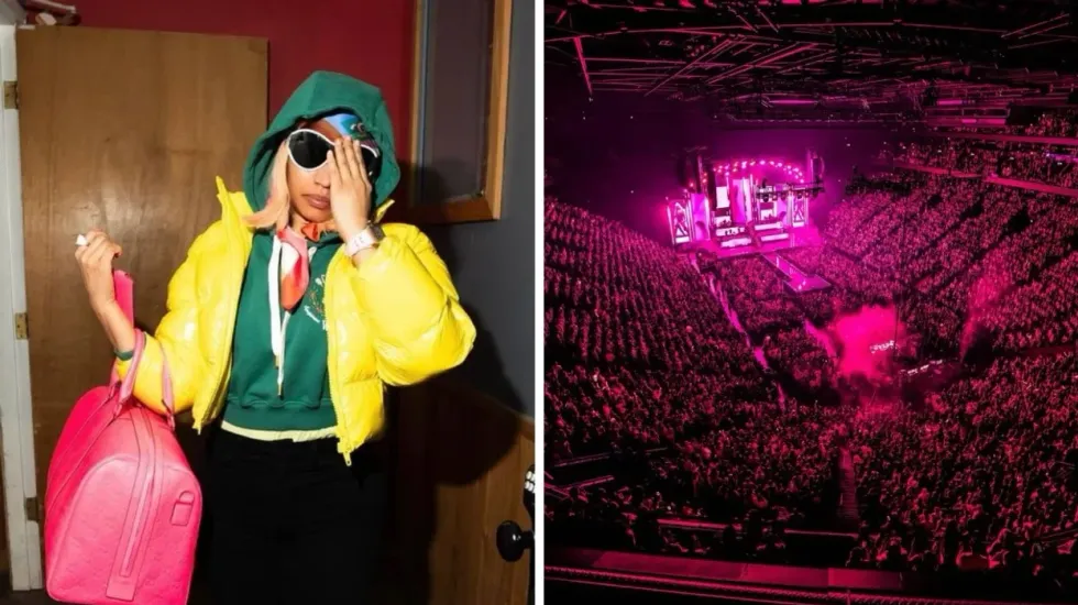 Nicki Minaj leaving her hotel room wearing a neon yellow coat and a pink bag. Right: The interior of Centre Bell during Nicki Minaj's concert.