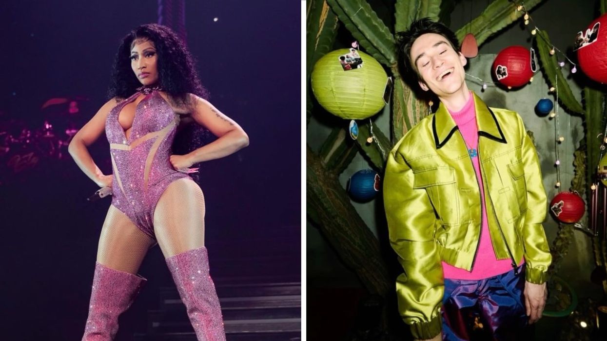 Nicki Minaj on tour standing on stage wearing a bedazzled pink outfit. Right: Jacob Collier smiling in a photo wearing a neon green jacket and pink t-shirt.