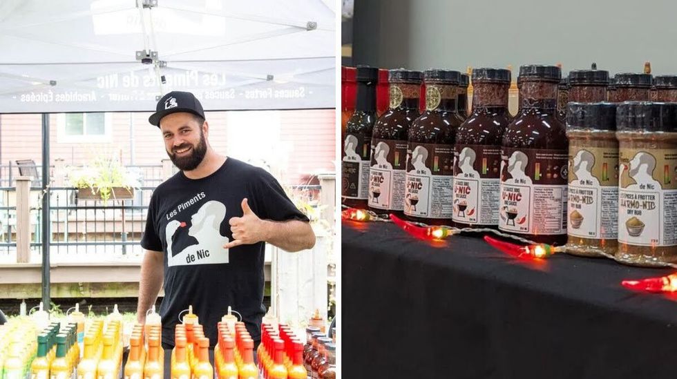 Nicolas Coulombe-C\u00f4t\u00e9 displays his sauces at a market. Right: Le Piments de Nic sauces on display.