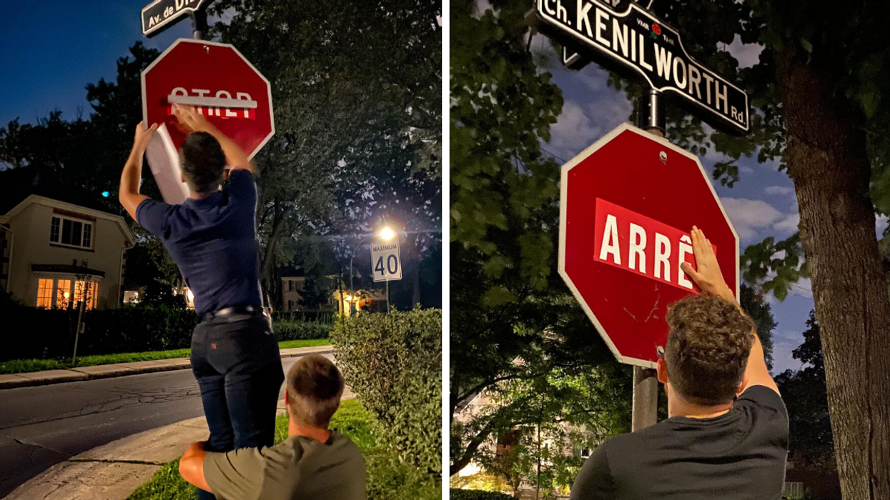 Nouvelle Alliance taping over 'STOP' signs in Town of Mont-Royal with 'ARRÊT'.