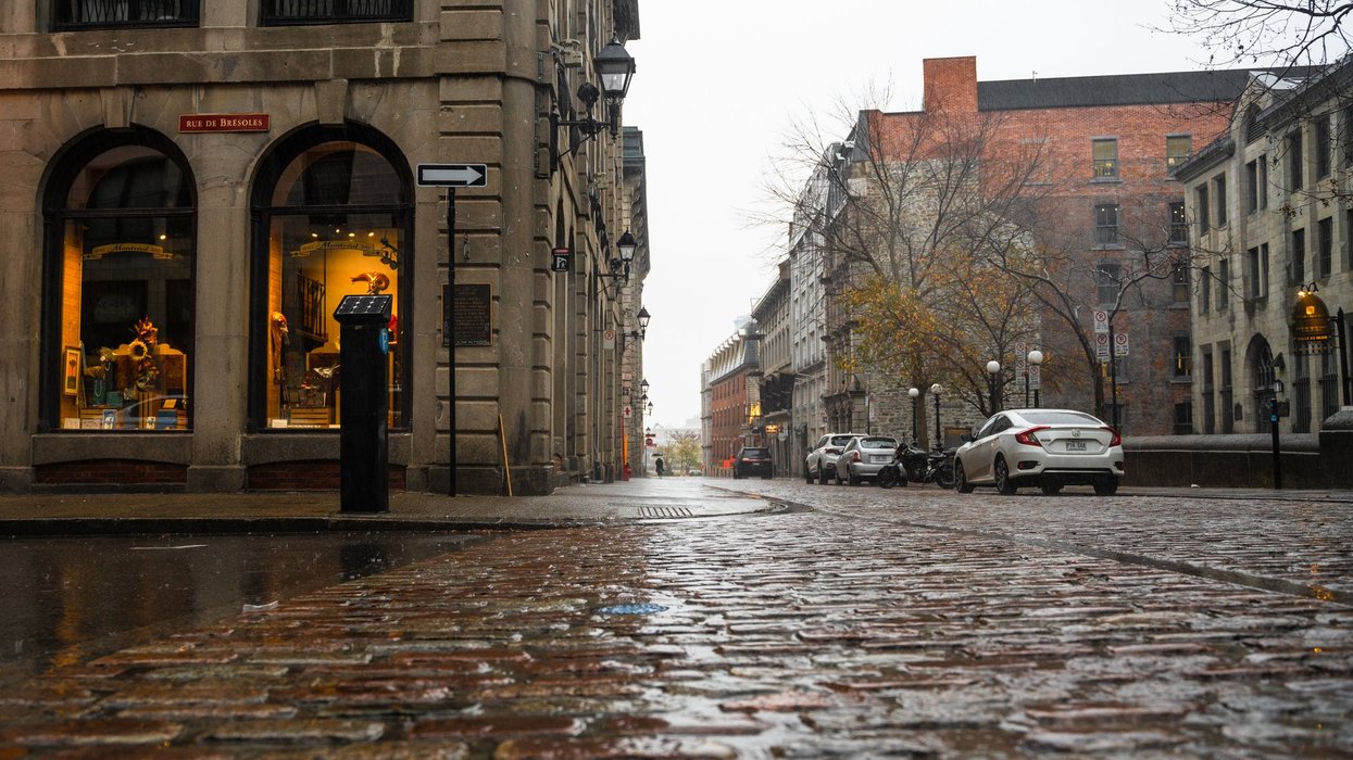 Old Montreal district on a rainy day.