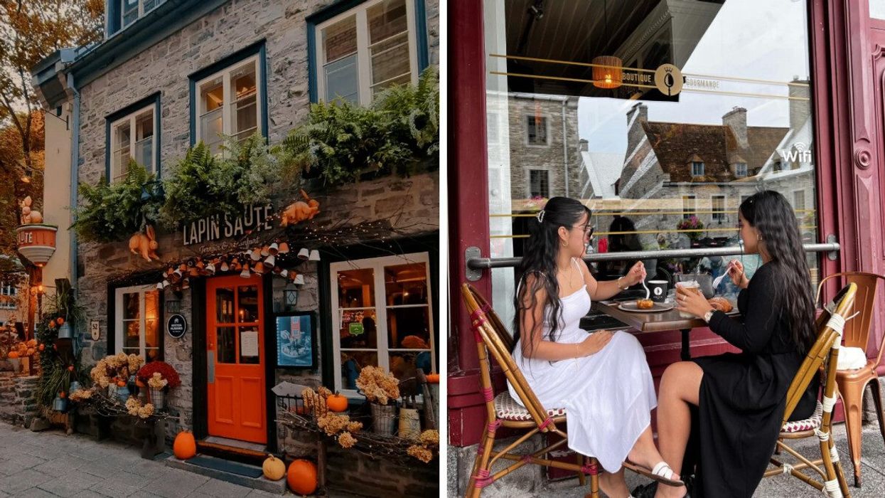 Old Quebec City surrounded by fall decor. Right: Two friends outside of a quaint cafe.