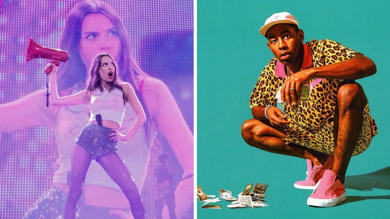 Olivia Rodrigo performing at a concert. Right: Tyler, the Creator poses in a photoshoot.