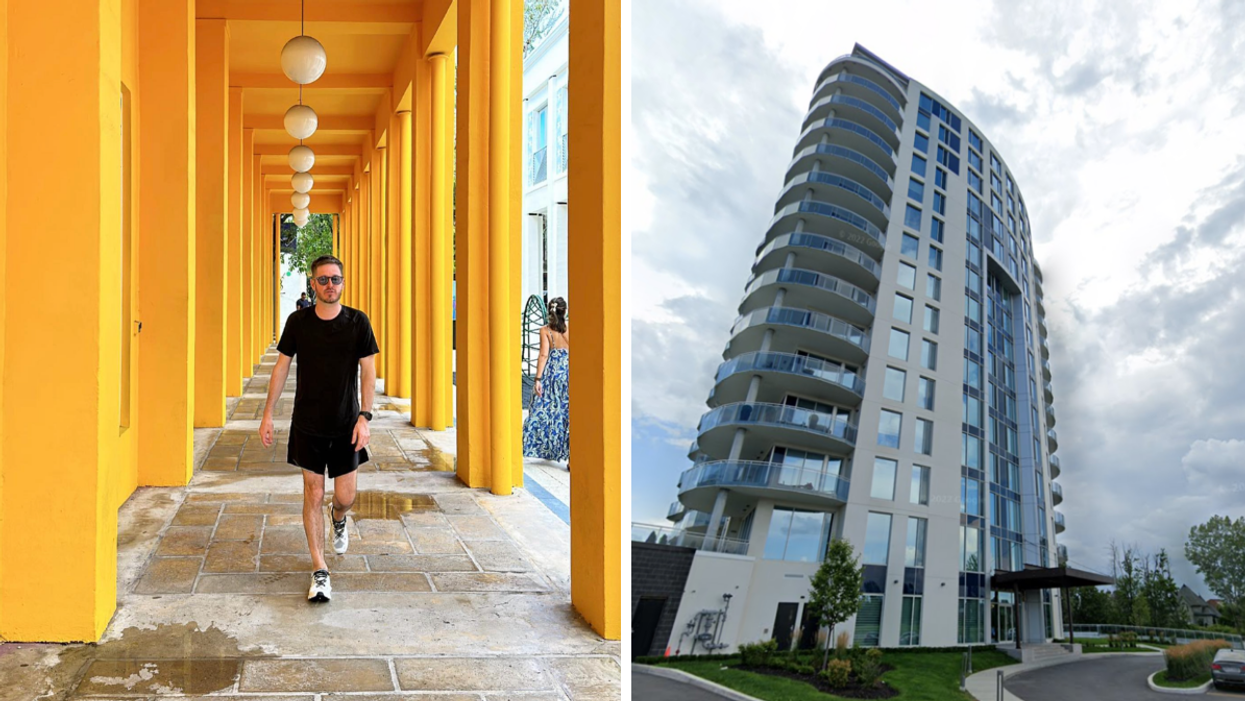 Olivier Primeau seen in Miami, where he is vacationing. Right: Primeau's condo building in Laval.