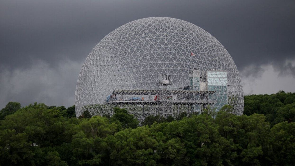 Ominous grey clouds above the Montreal Biosphere.