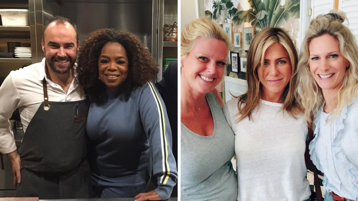 Oprah Winfrey posing with a Montreal chef at Ferreira Café. Right: Jennifer Aniston posing with Mandy's Salads owners in Montreal.