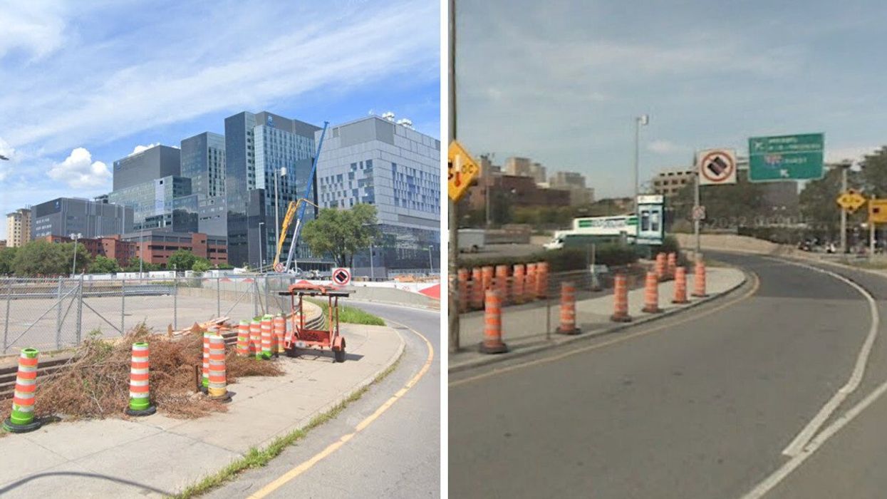 Orange cones line an entrance to the Ville-Marie Expressway in July 2022 and October 2007.