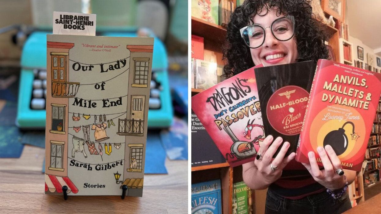 "Our Lady of Mile End" in front of a teal typewriter. Right: A woman in holds up 3 books in front of a shelf of books.