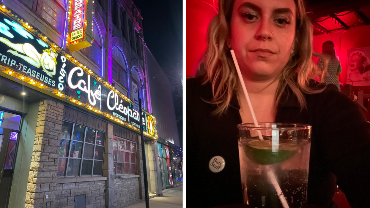 Outside Cafe Cleopatra, the sign lit up at night. Right: A woman seated with a drink while wearing a "Butt Stuff" pin.