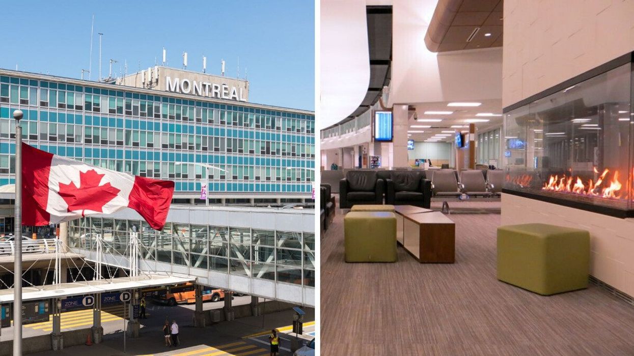 Outside Montreal–Trudeau Airport. Right: seating area with a gas fireplace at Saskatoon airport.