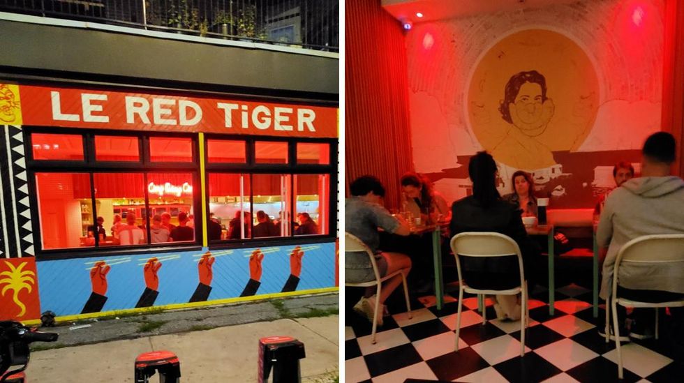 Outside of Le Red Tiger is painted in red, blue, yellow, black and white with hands holding chopsticks and a tiger. Right, People sit under red light and a mural of someone with a snake in front of their face.