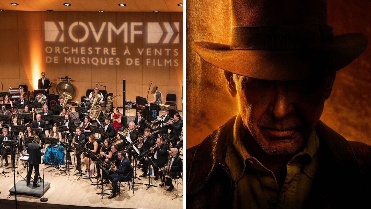 OVMF musicians in concert. Right: Harrison Ford as Indiana Jones wearing the iconic fedora.