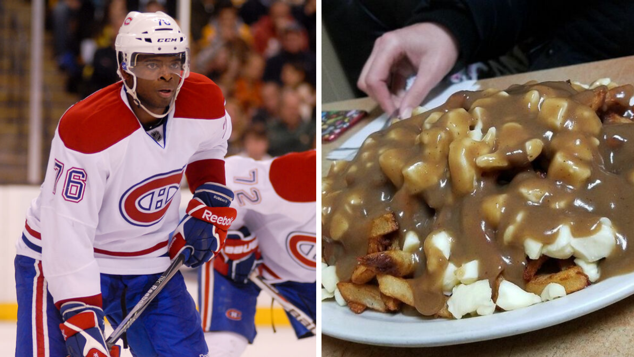 P.K. Subban on the ice in his Montreal Canadiens uniform as he plays NHL hockey. Right: A plate of poutine from Montreal's Restaurant A.A.