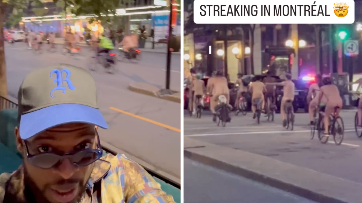 P. K. Subban sits on a Montreal terrasse, naked cyclists in the background. Right: A group of nude people riding bicycles on a Montreal street.