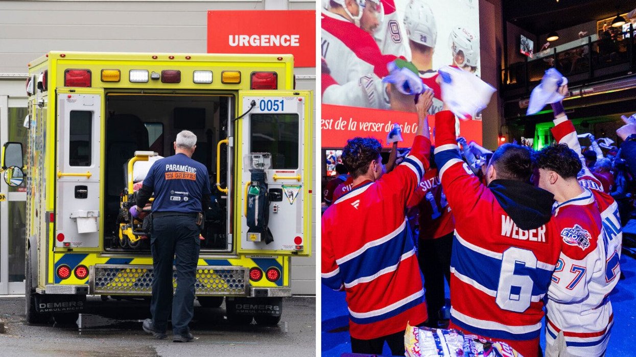 Paramedic loads a stretcher into an ambulance outside a Montreal emergency room. Right: Habs fans cheer