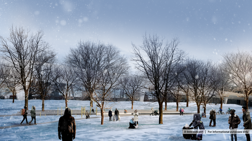 Parc Morgan in winter with the REM de l'Est in the background.