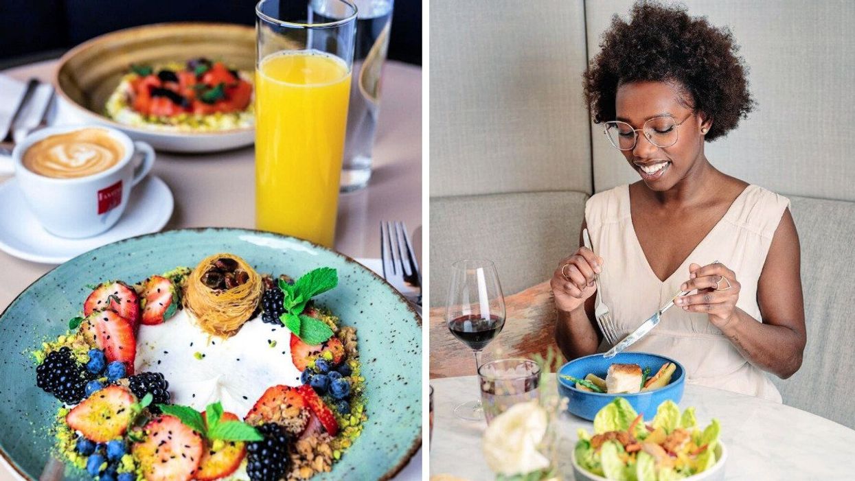 Parfait, coffee and orange juice. Right: Someone digs into a salad.