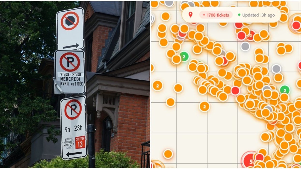 Parking signs in Montreal. Right: A new Montreal parking app.