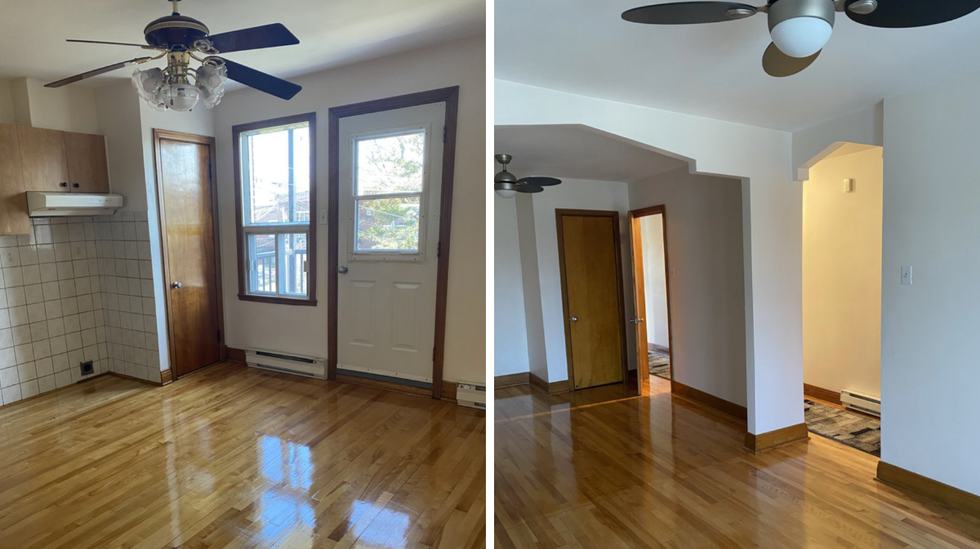 Part of the kitchen and the dining space of a 3.5 in Rosemont. Right: Living space and a hallway in the same apartment.