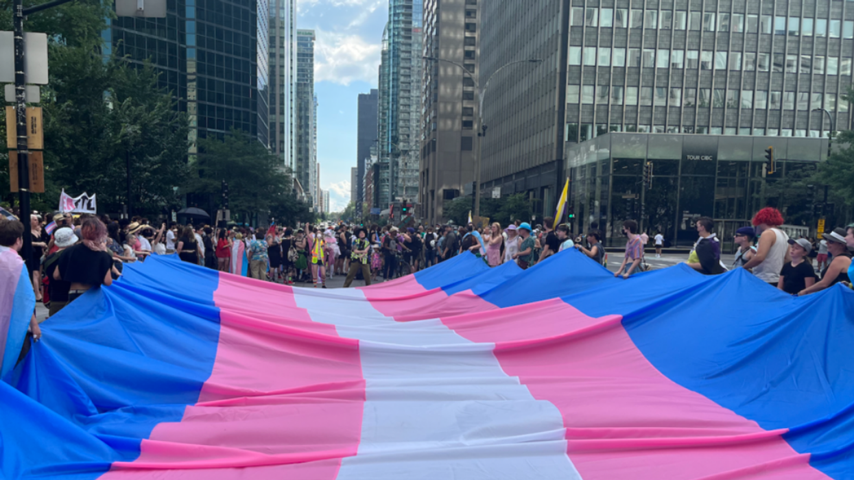 Participants at Montreal's trans march hold a massive trans flag.