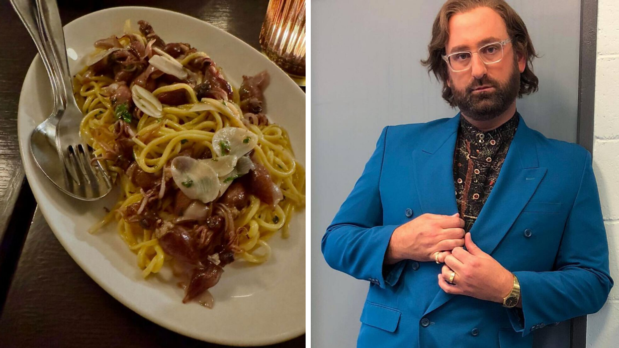 Pasta dish from Restaurant Beba in Montreal. Right: Actor, comedian and cookbook author Eric Wareheim.