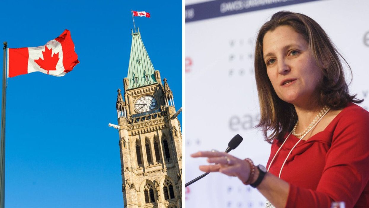 Peace Tower of the Canadian Parliament Building with the flag of Canada in the foreground. Right: Federal Minister of Finance Chrystia Freeland.