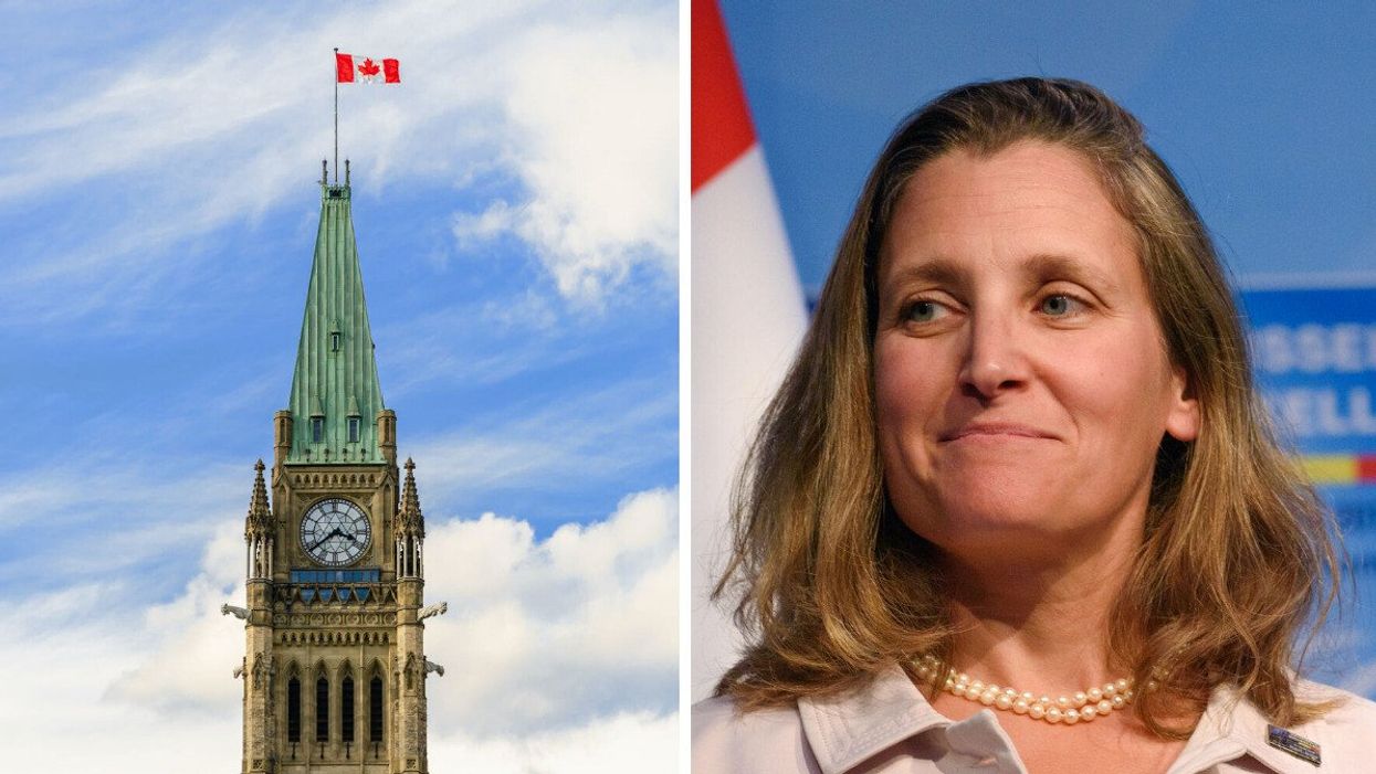 Peace Tower of the Centre Block in Ottawa, Ontario. Right: Canada Minister of Finance Chrystia Freeland.