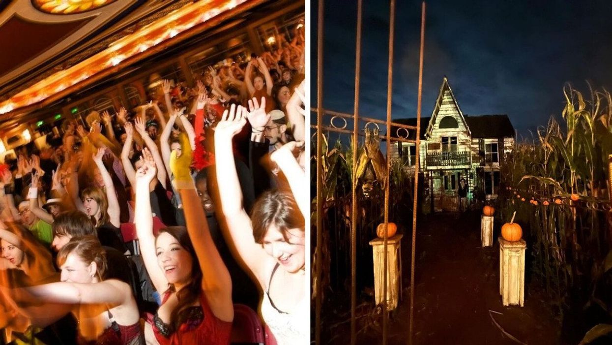 People at Cinema Imperial's Rocky Horror. Right: A haunted-looking house with pumpkins leading up to it.