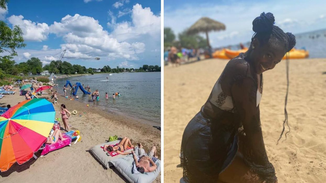 People at Plage Pointe-Calumet. Right: Person in sand at Plage de Saint-Zotique.