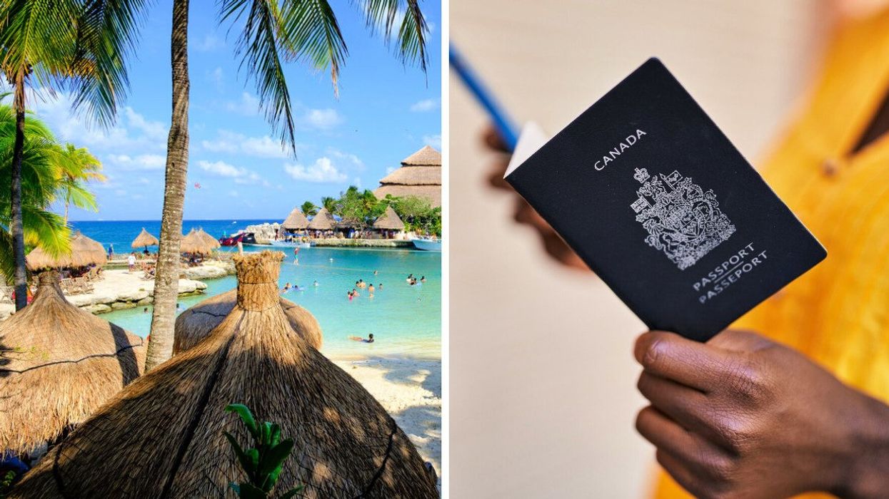 People at the beach in Mexico. Right: Someone holds a Canadian passport.