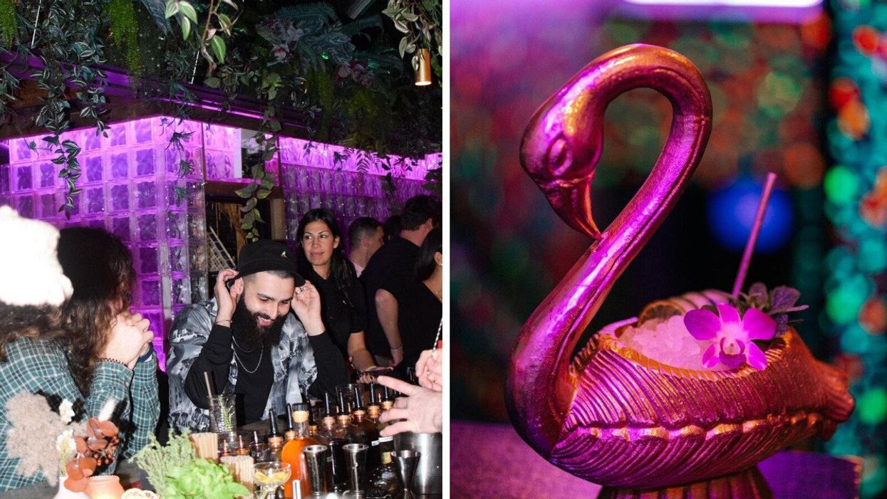 People at the neon-lit Milky Way bar. Right: A cocktail in a flamingo-shaped vessel.