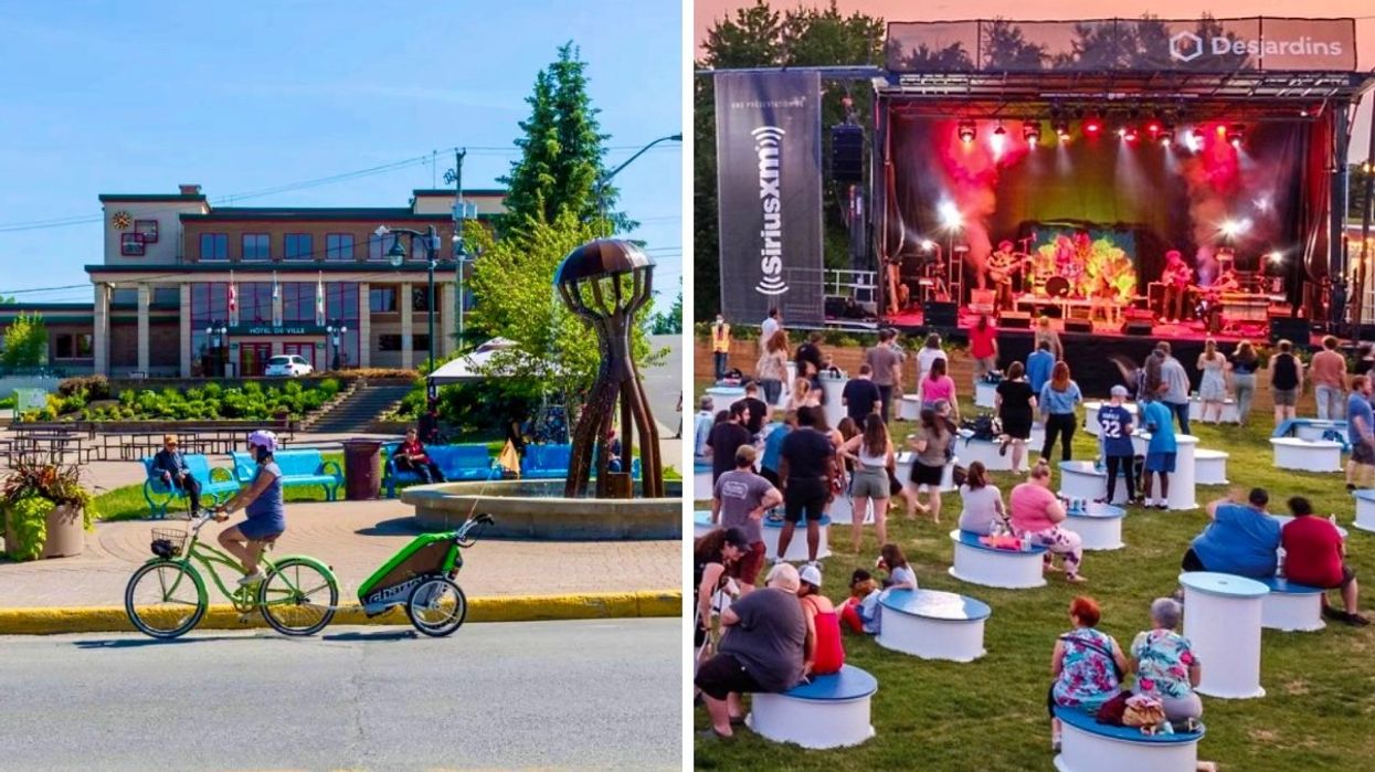 People biking and sitting in front of the Rouyn Noranda city hall during the summertime. Right: A congregation of people at a musical performance in Rouyn Noranda. 
