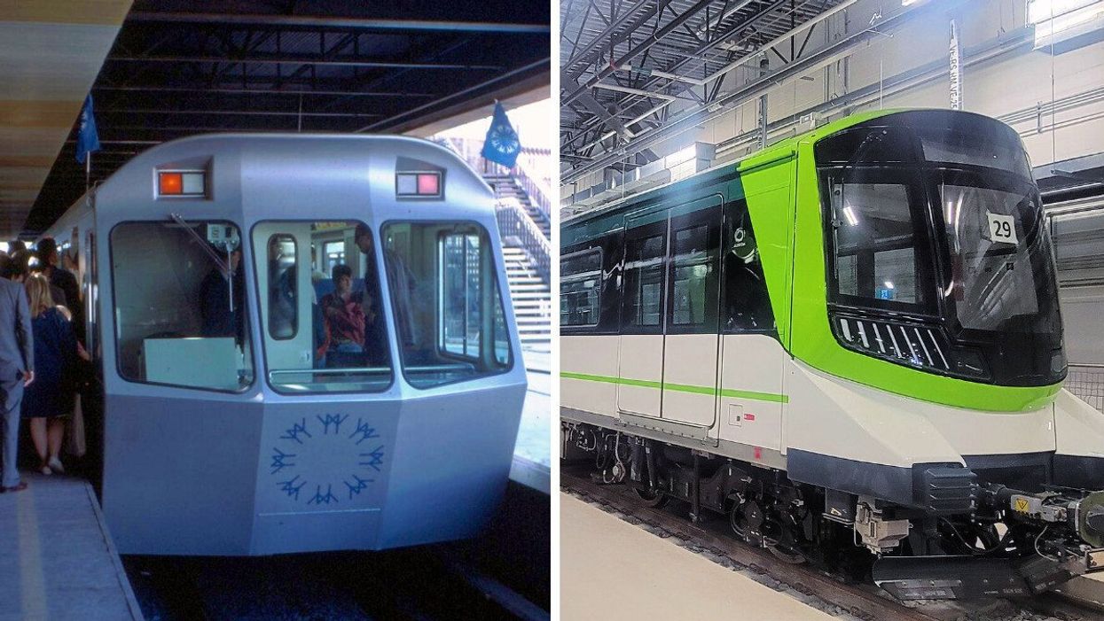 People board the Expo Express. Right: A REM car.