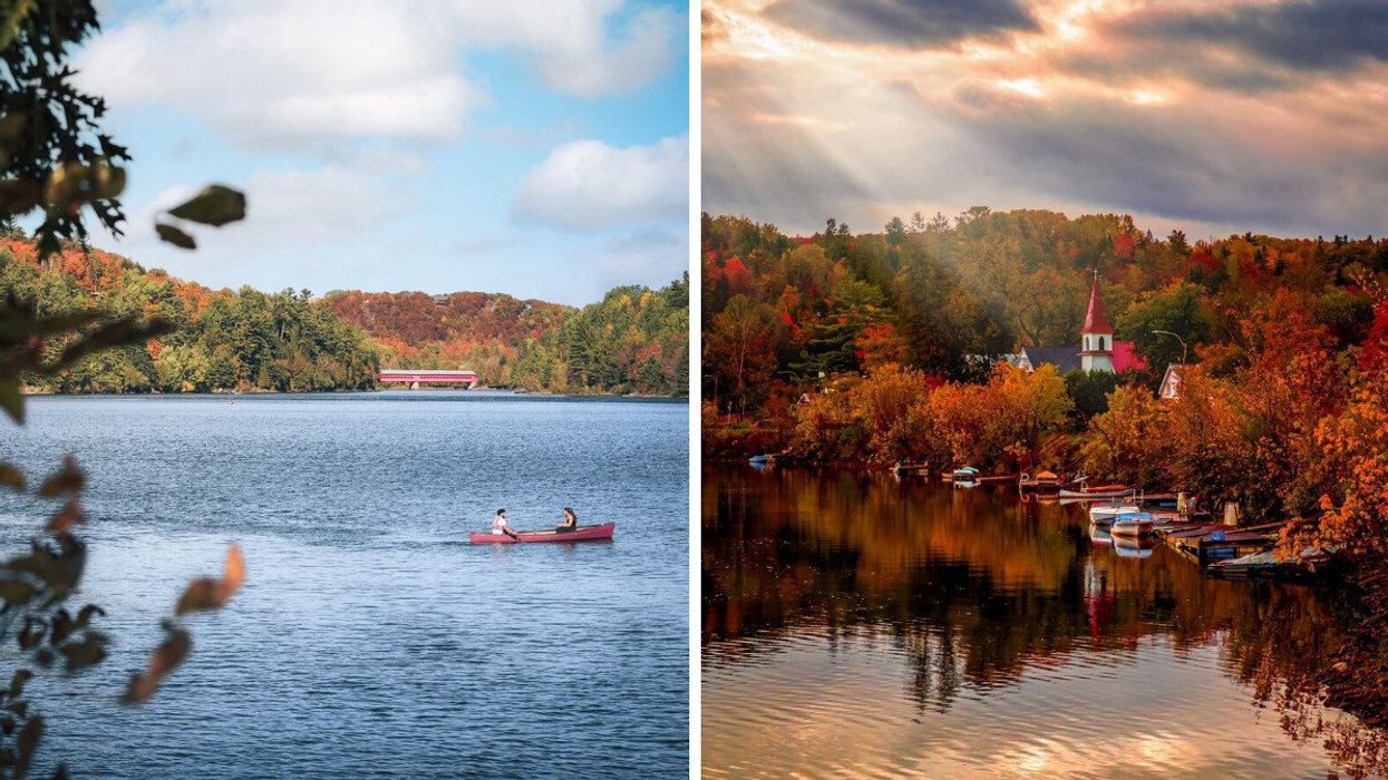 People boat on a river in a small town in Quebec. Right: A small town in Quebec in autumn.